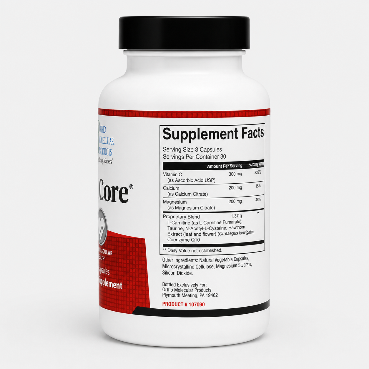 A white plastic supplement bottle with a black cap, showing the back label with Supplement Facts and the brand name Core.
