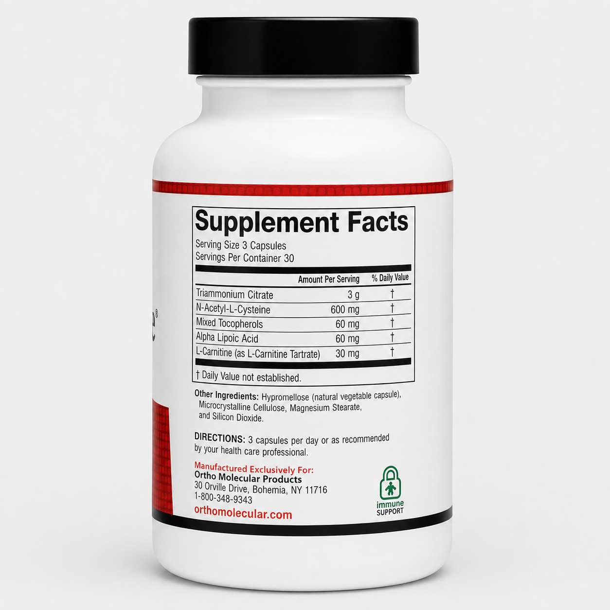 A white supplement bottle with a black cap, showing the back label with 'Supplement Facts' text, a black and red stripe design, and a small green 'harmonized product' logo, photographed on a light gray background.