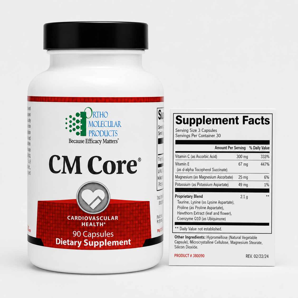 A white bottle of Ortho Molecular Products CM Core dietary supplement with a black cap, shown next to its supplement facts label on a light gray background.