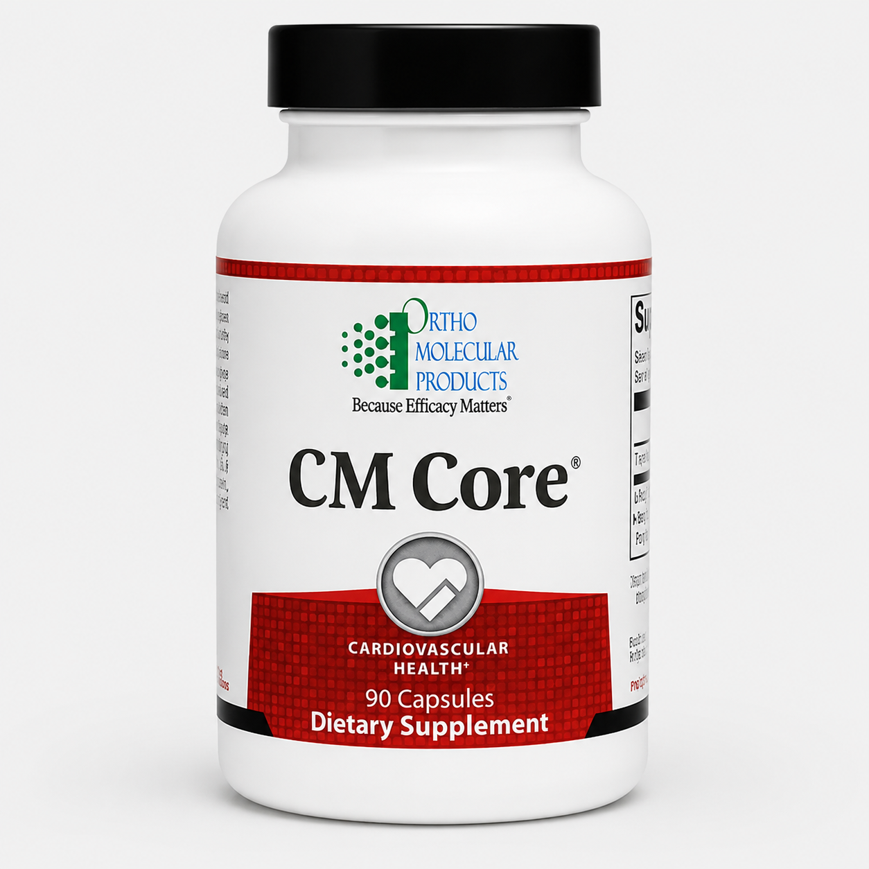 A white plastic bottle of Ortho Molecular Products CM Core dietary supplement with a black cap, shown on a light gray background.
