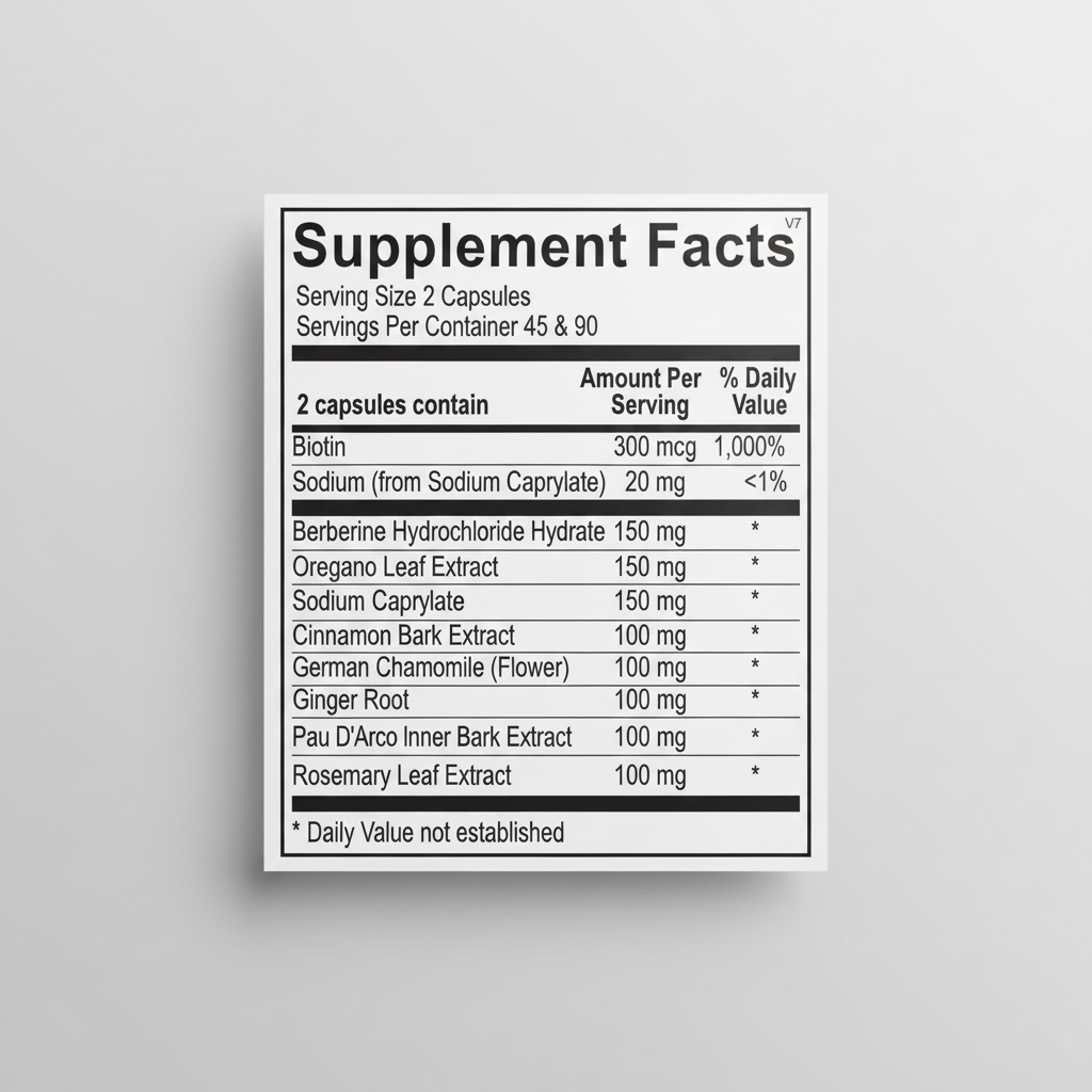 Supplement facts label with various health claims on a white background