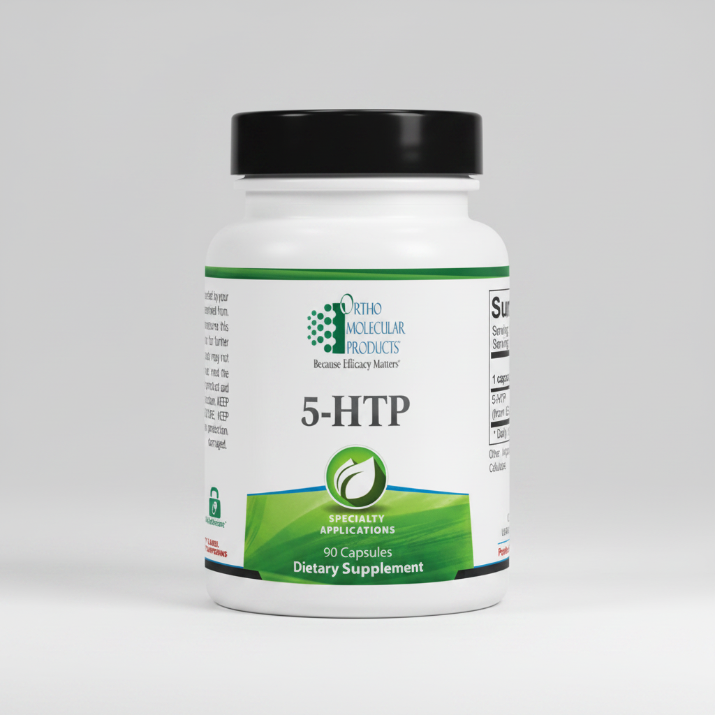 Supplement bottle labeled '5-HTP' by Ortho Molecular Products on a white background