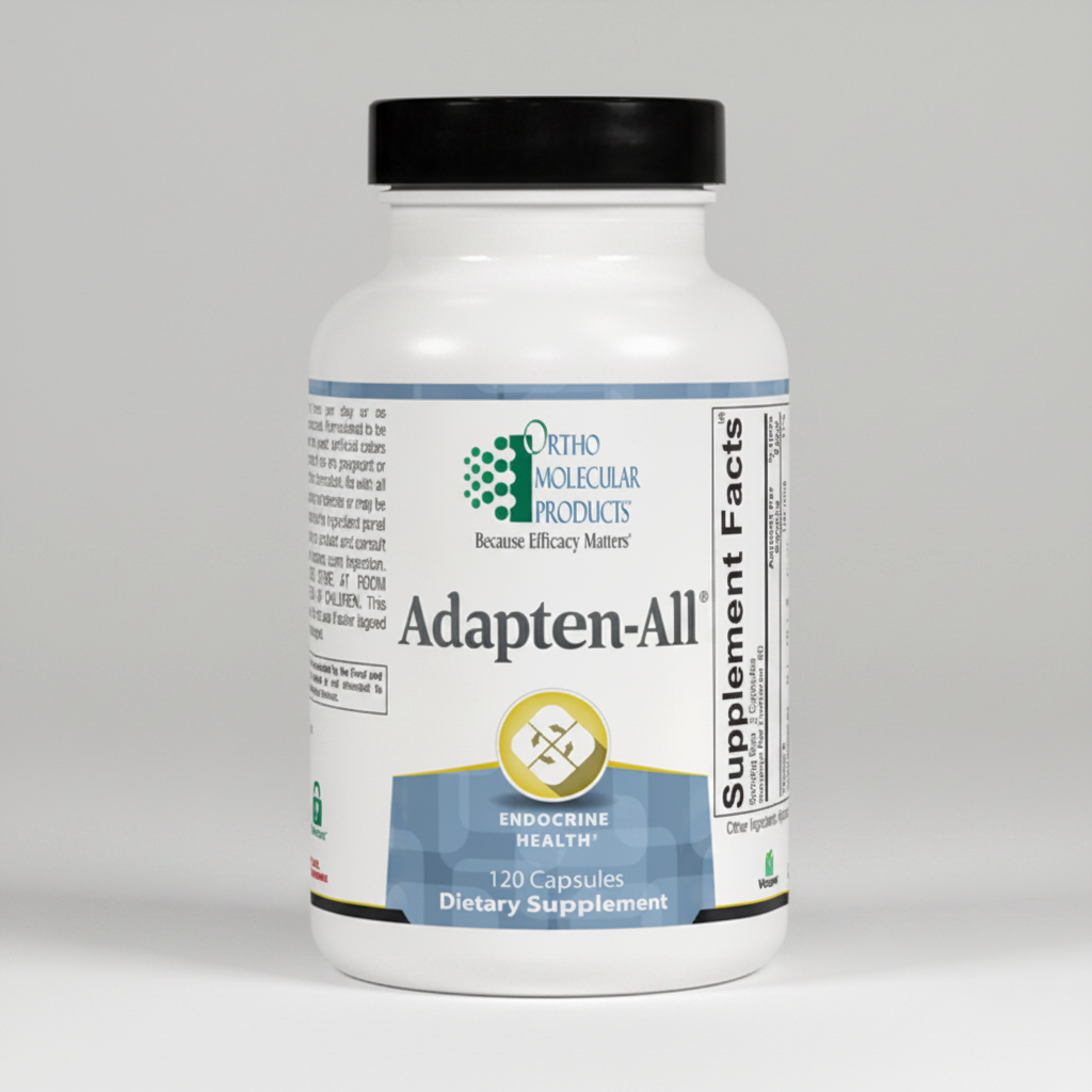 Supplement bottle labeled 'Adapten-All' by Ortho Molecular Products on a white background