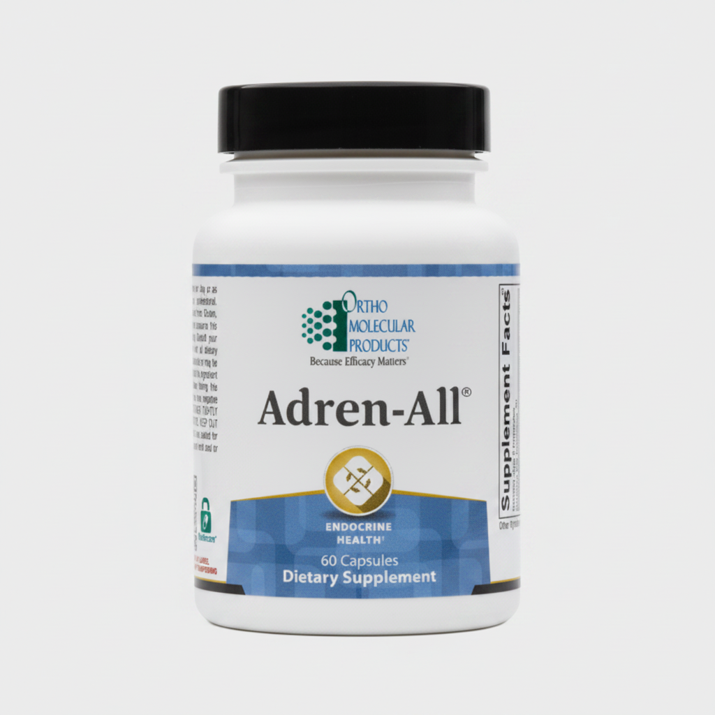 Supplement bottle labeled 'Adren-All' by Ortho Molecular Products on a white background