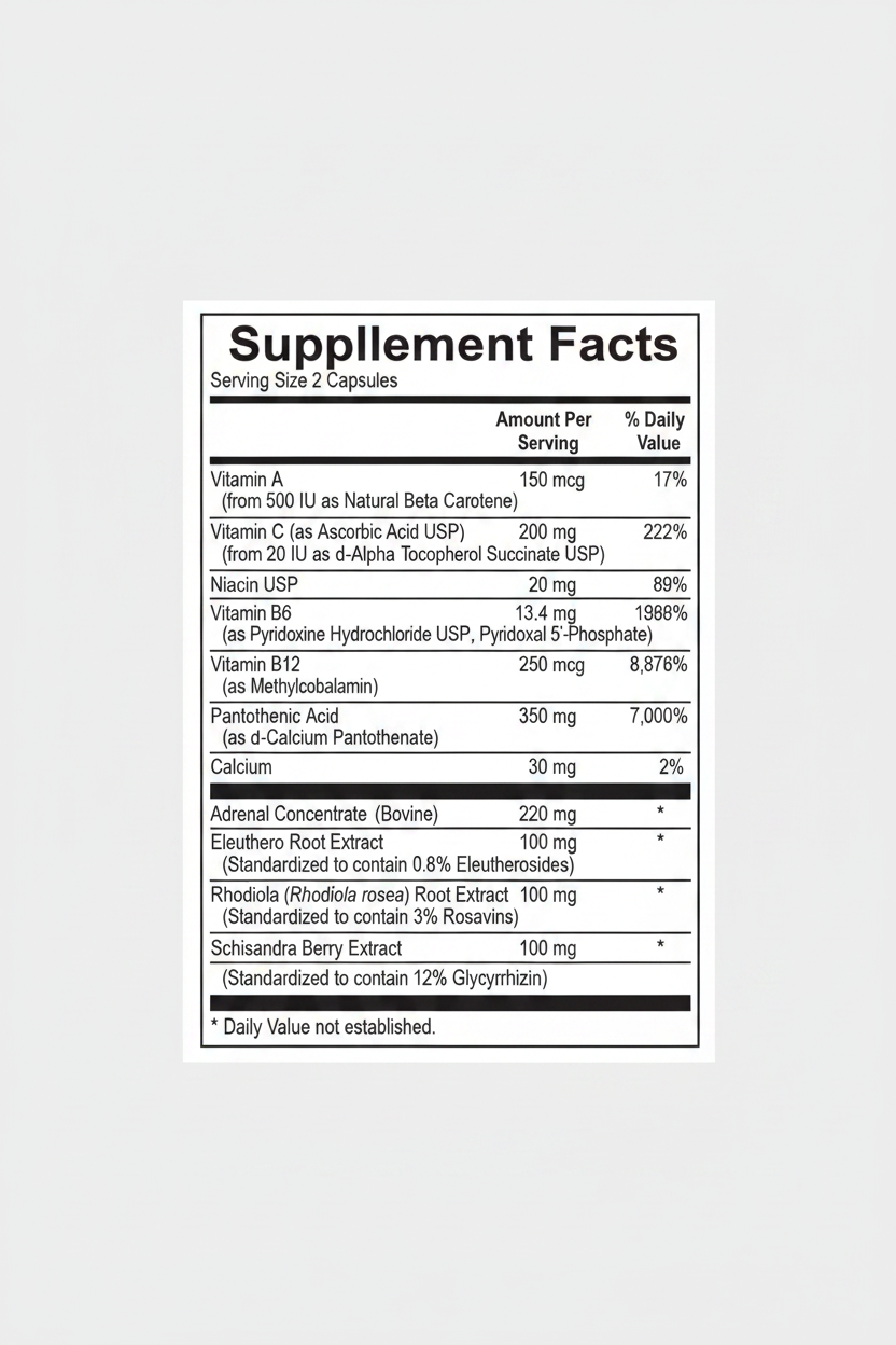 Supplement facts label with various vitamins and minerals listed
