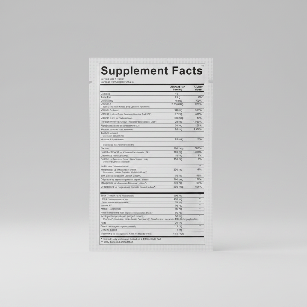 Nutritional supplement facts label with detailed information on vitamins, minerals, and other nutrients.