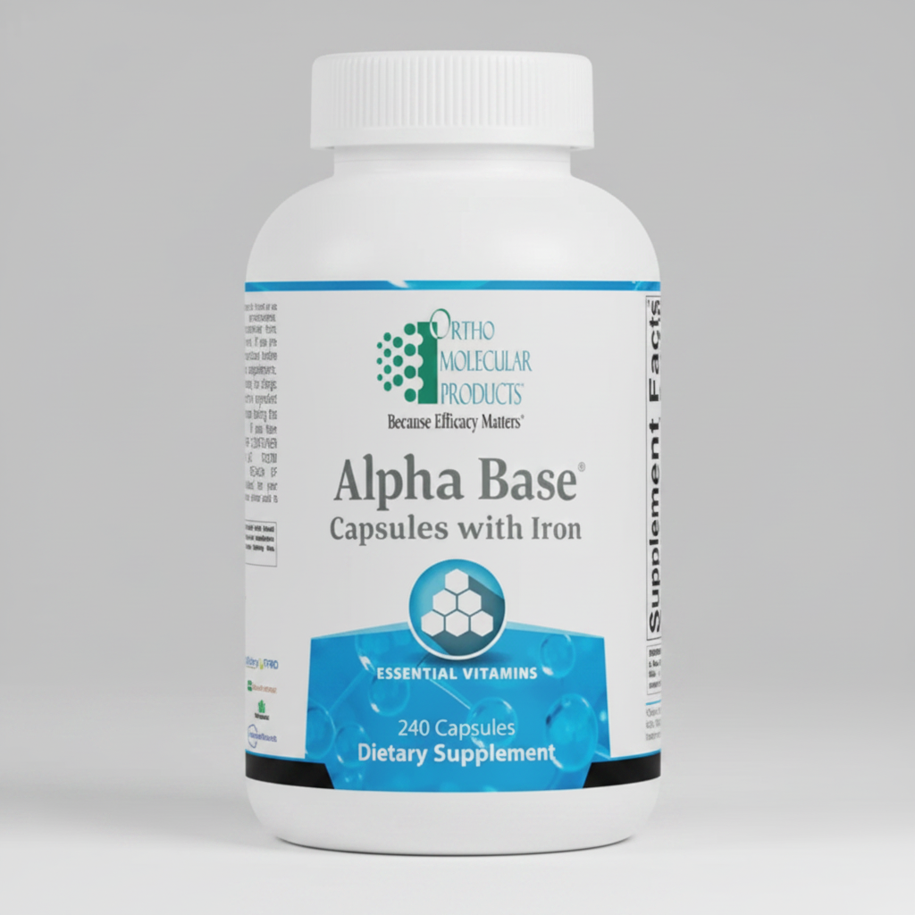 Supplement bottle labeled 'Alpha Base' with Ortho Molecular Products branding on a white background