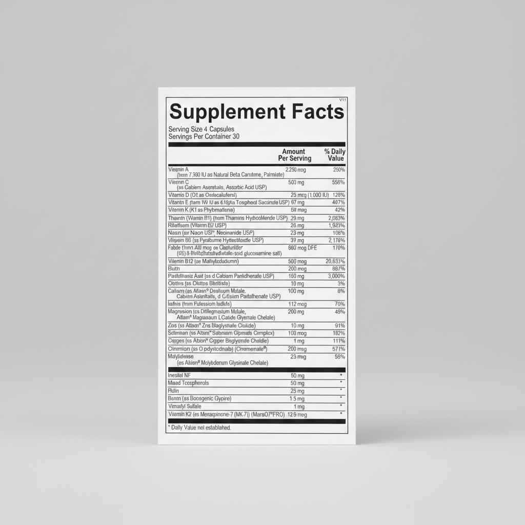 Supplement facts label for a dietary supplement with detailed nutritional information.