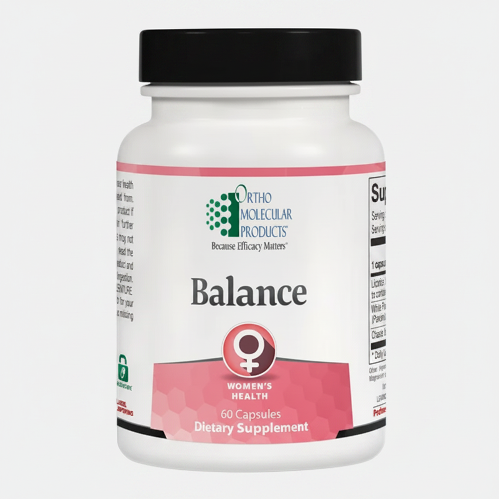 Supplement bottle labeled 'Balance' for women's health by Ortho Molecular Products on a white background.