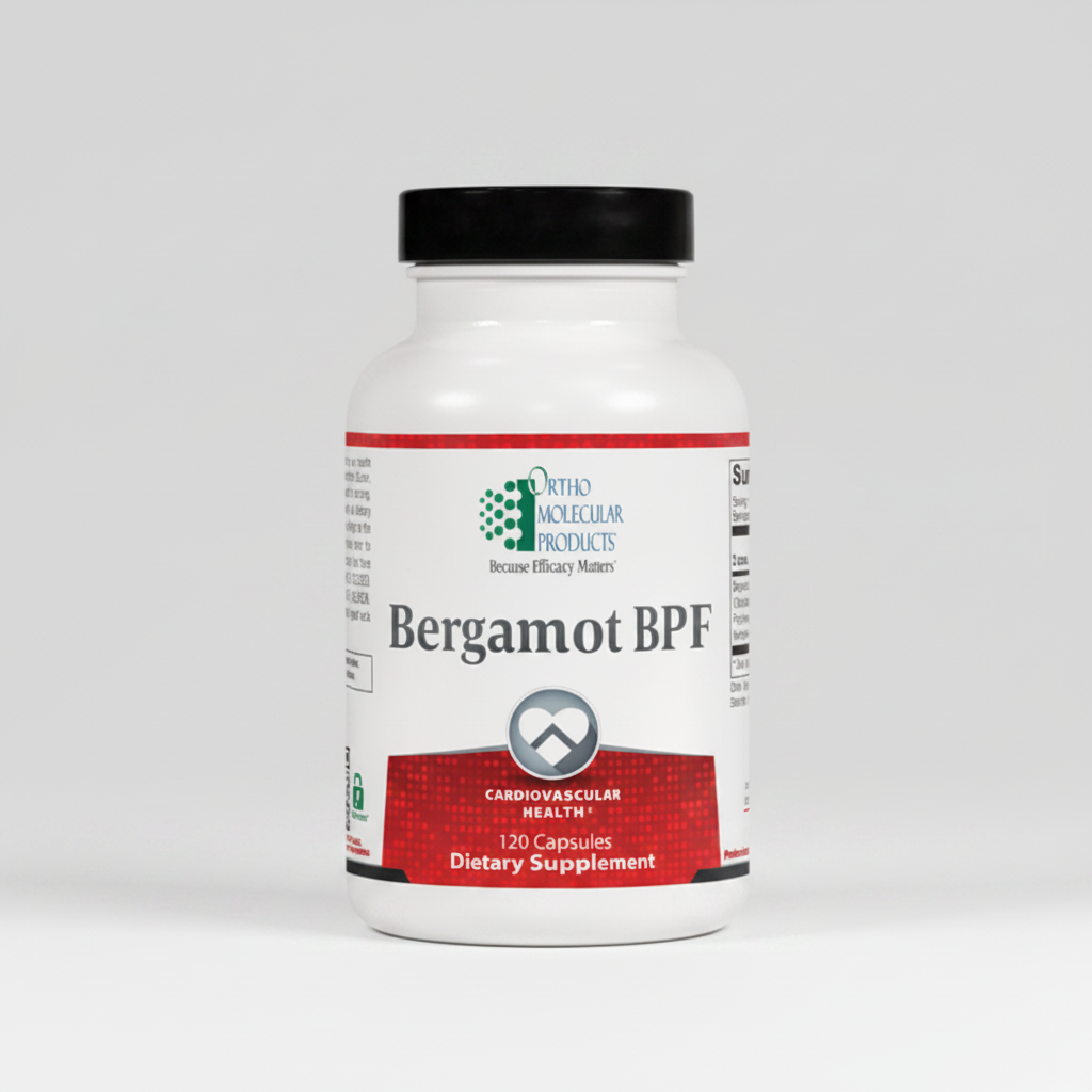 Supplement bottle labeled 'Bergamot BPF' by Ortho Molecular Products on a white background