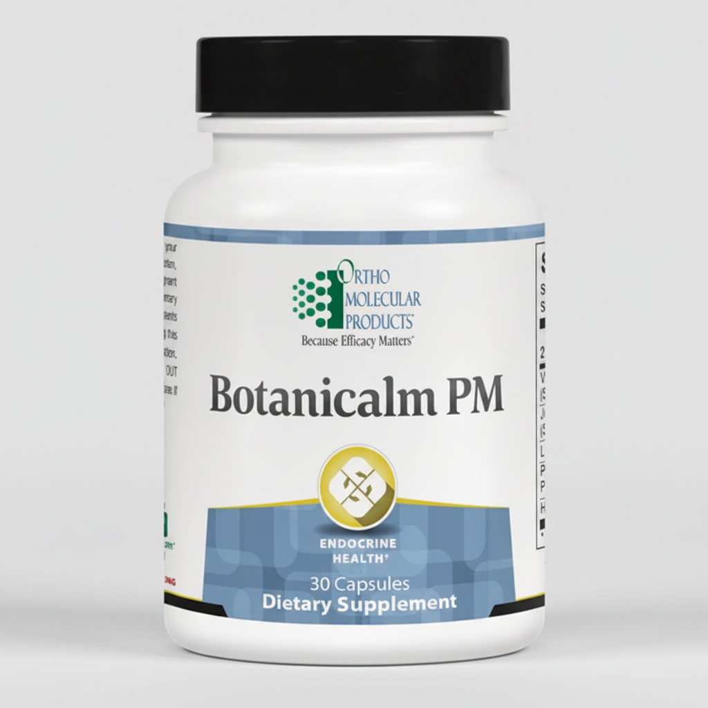 Supplement bottle labeled 'Botanicalm PM' by Ortho Molecular Products on a white background