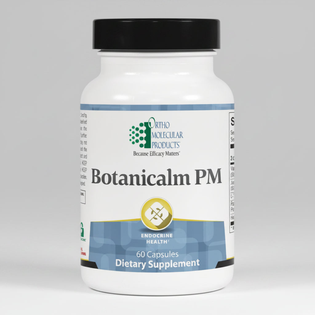 Supplement bottle labeled 'Botanicalm PM' by Ortho Molecular Products on a white background