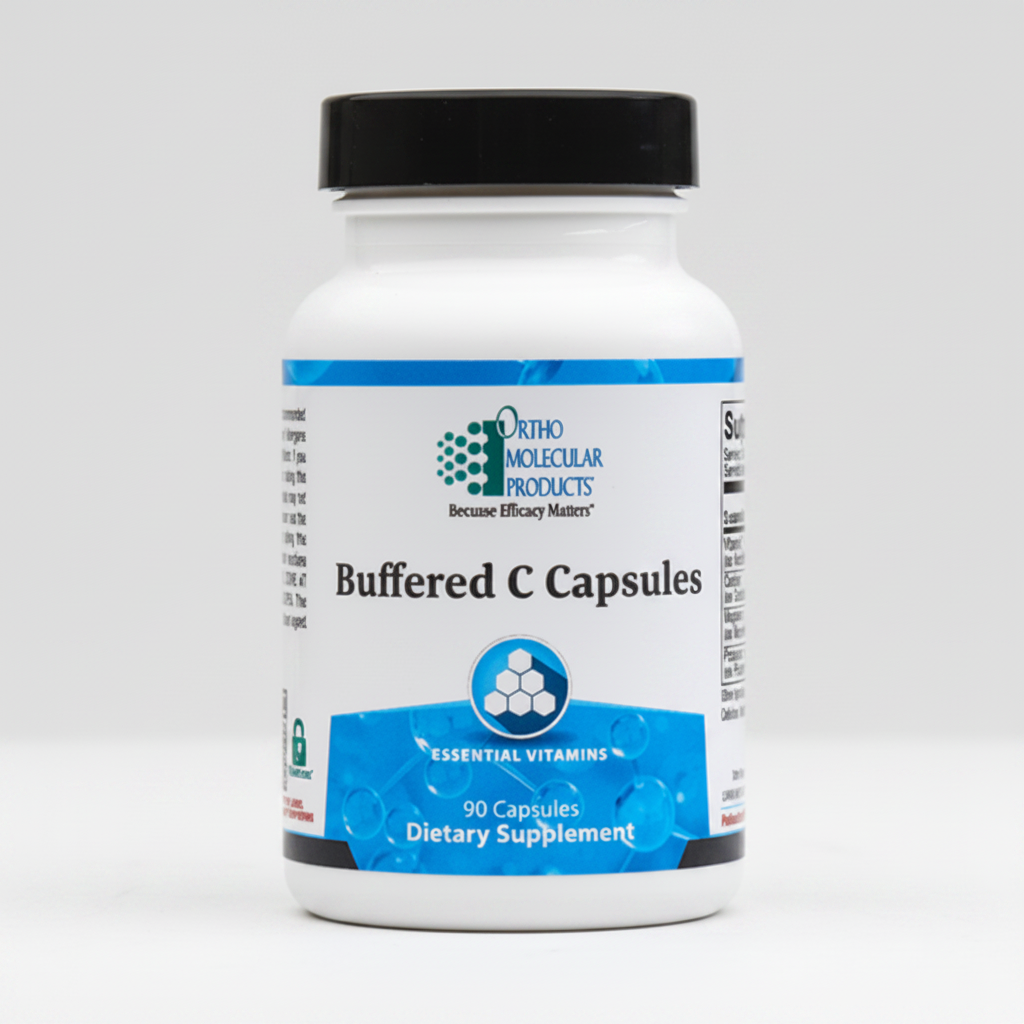 Supplement bottle labeled 'Buffered C Capsules' by Ortho Molecular Products on a white background