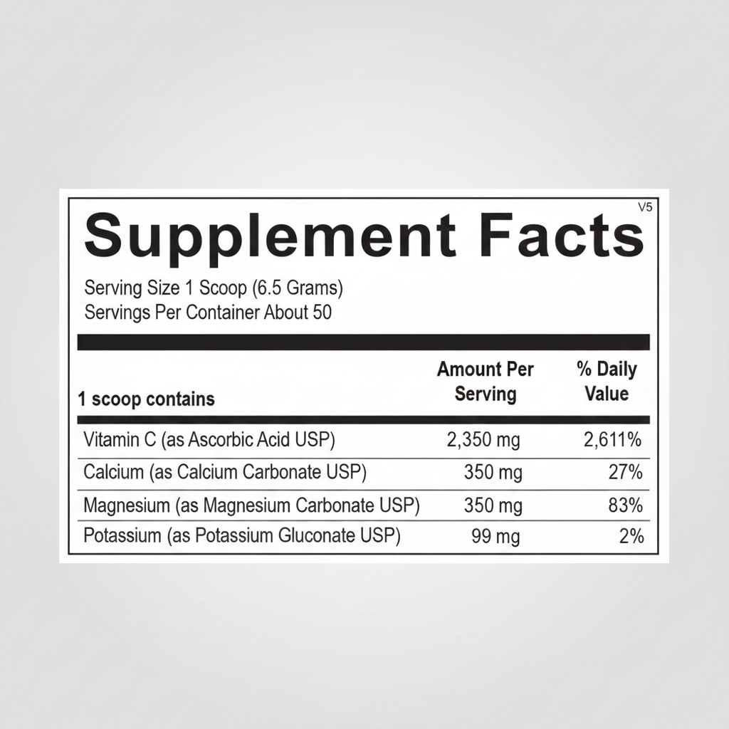 Supplement facts label with vitamin and mineral content per serving
