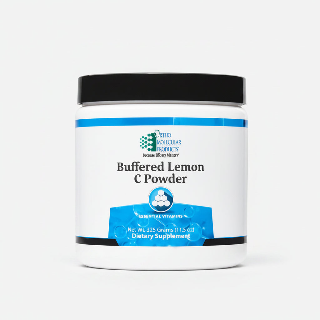 Container of Buffered Lemon C Powder by Ortho Molecular Products on a white background