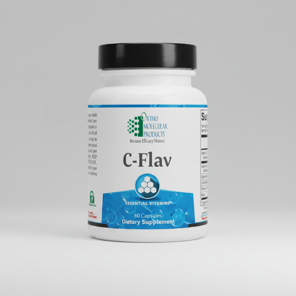 Supplement bottle labeled 'C-Flav' by Ortho Molecular Products on a white background