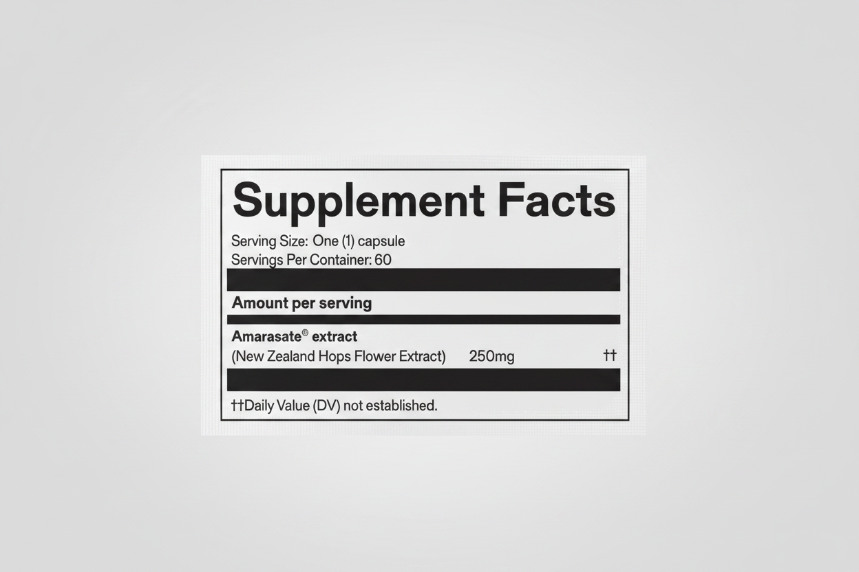Supplement facts label for Amarasate extract with serving size and container information.