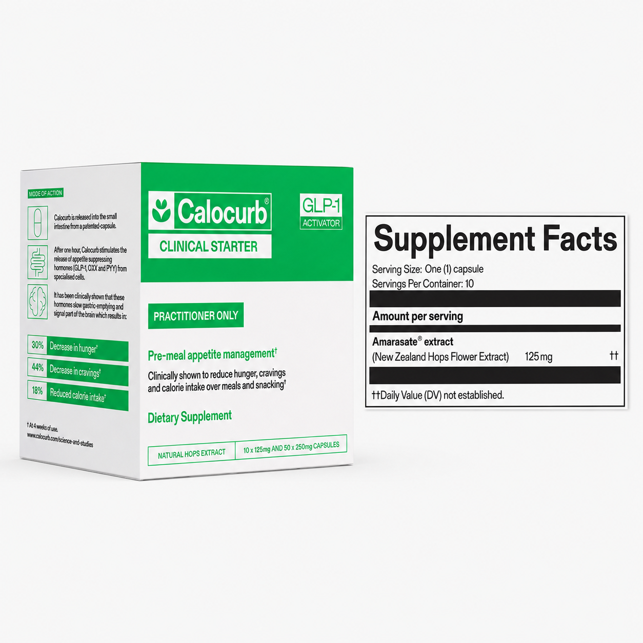 Calocurb Clinical Starter supplement box shown next to a Supplement Facts label on a light gray background.
