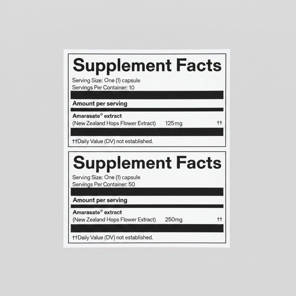 Supplement facts label with Amarasate extract on a white background