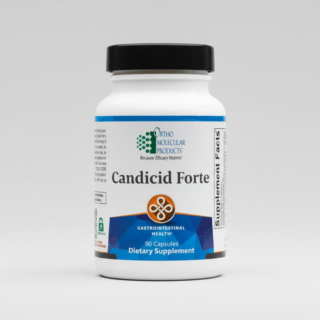 Ortho Molecular Products Candicid Forte dietary supplement bottle on a white background