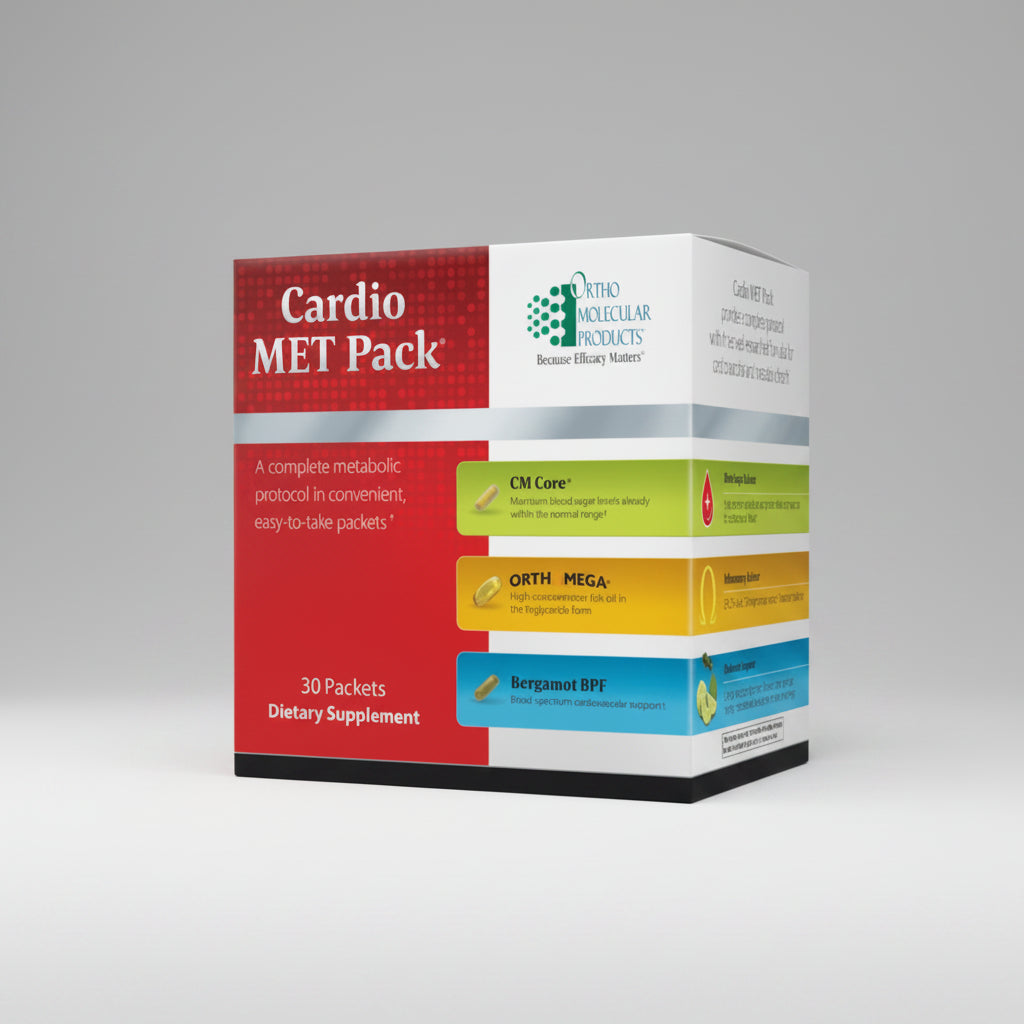Supplement package labeled 'Cardio MET Pack' by Ortho Molecular Products on a white background.