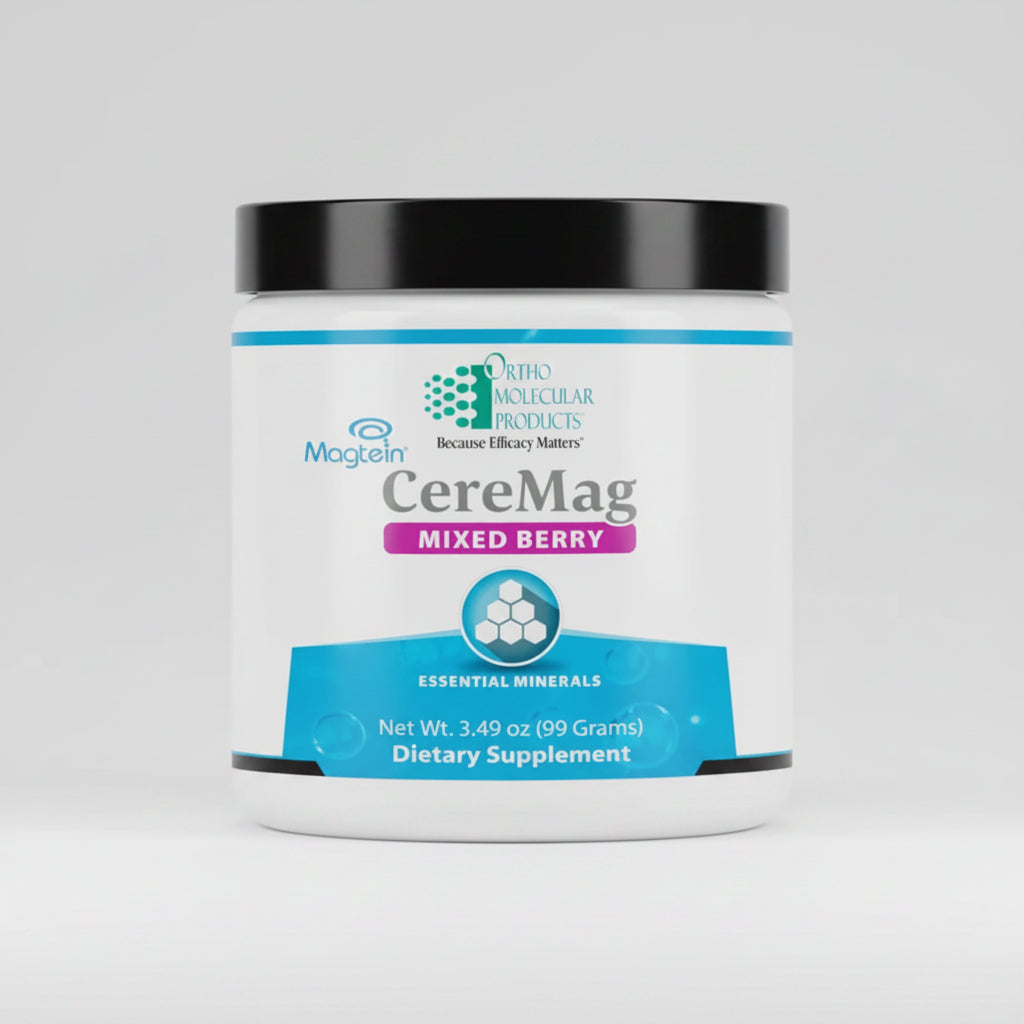 Supplement container labeled 'CereMag Mixed Berry' by Ortho Molecular Products on a white background.