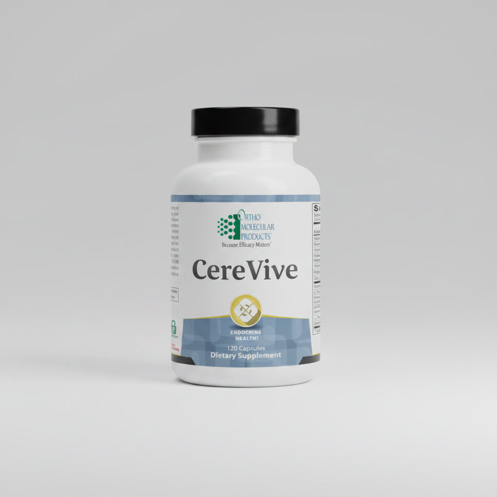Supplement bottle labeled 'CereVive' by Ortho Molecular Products on a white background