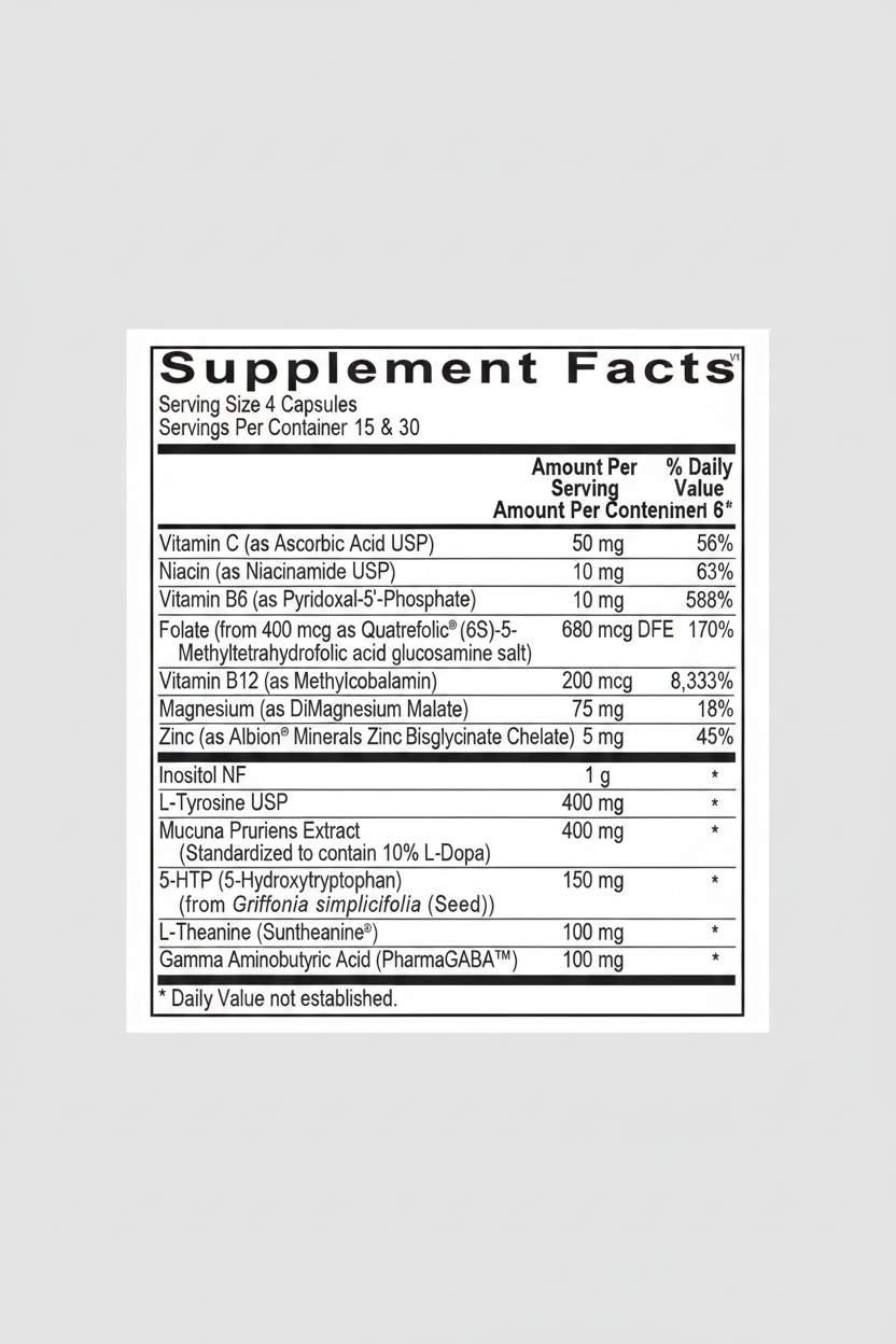 Supplement facts label with detailed nutritional information on a white background