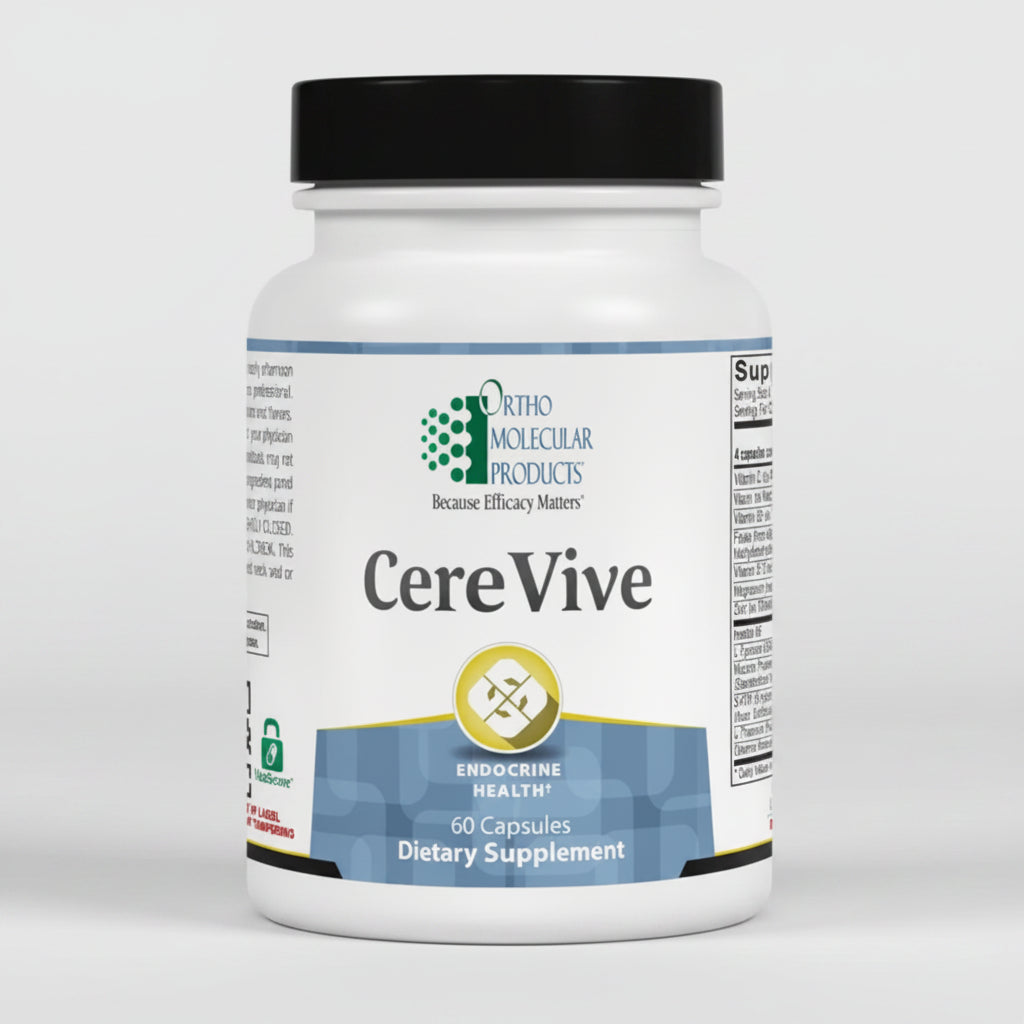 Supplement bottle labeled 'CereVive' by Ortho Molecular Products on a white background