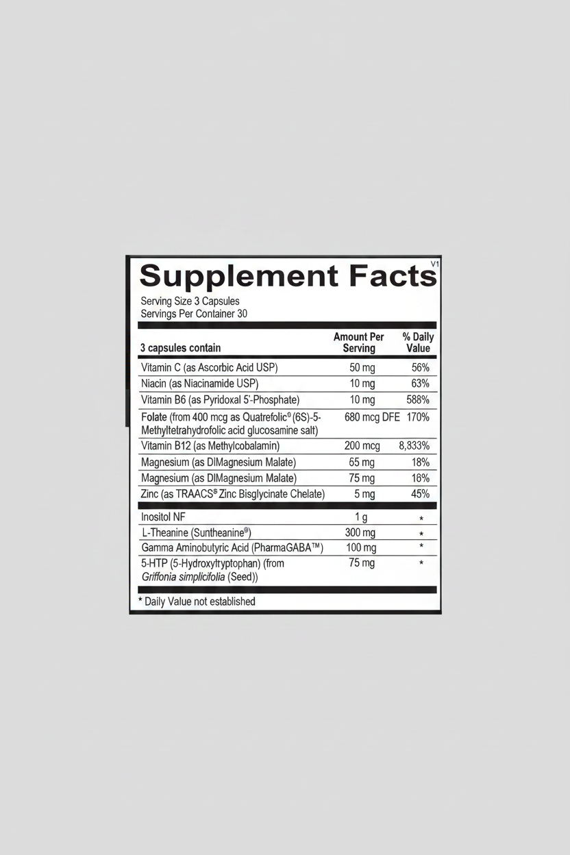 Supplement facts label with various vitamins and minerals listed