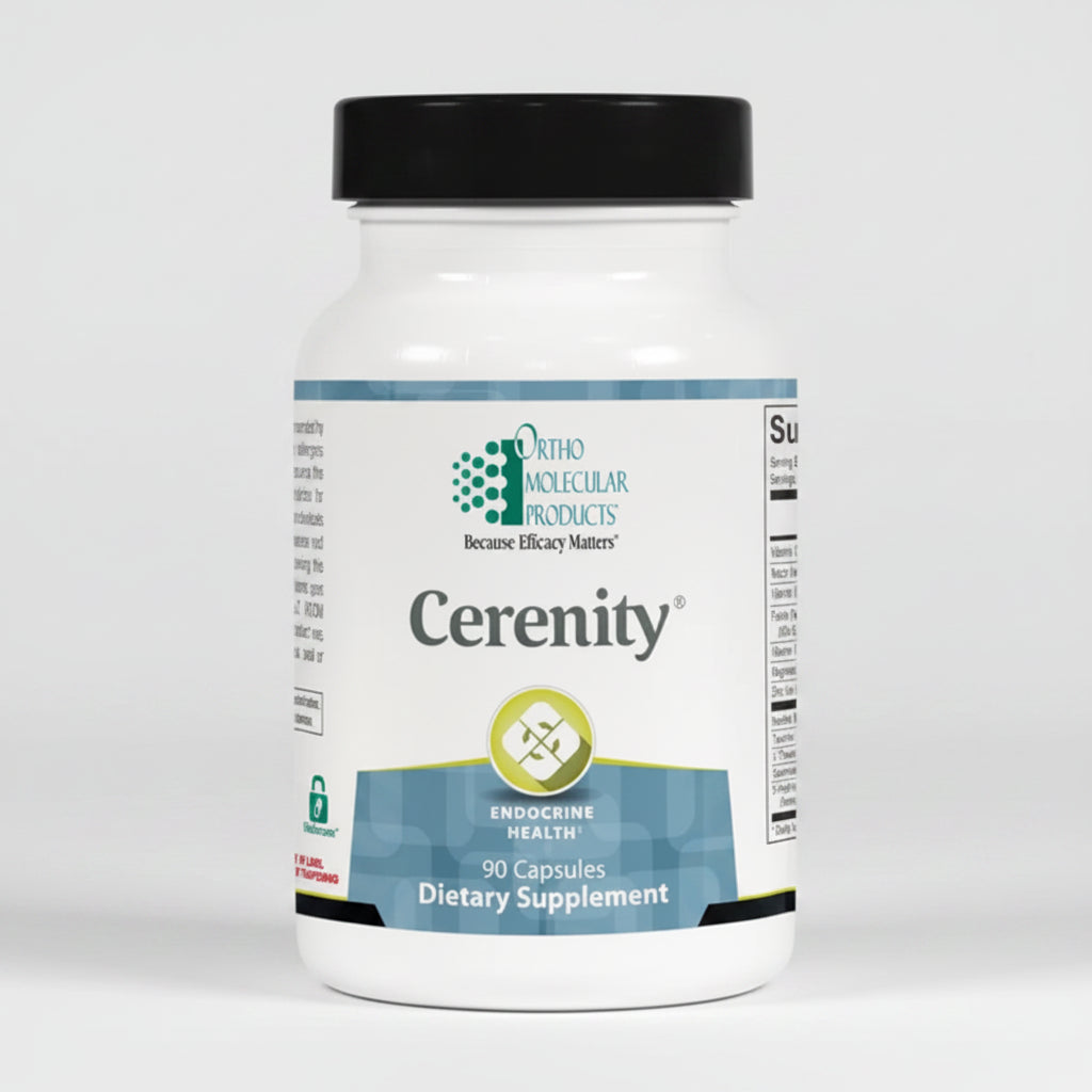 Supplement bottle labeled 'Cerenity' by Ortho Molecular Products on a white background