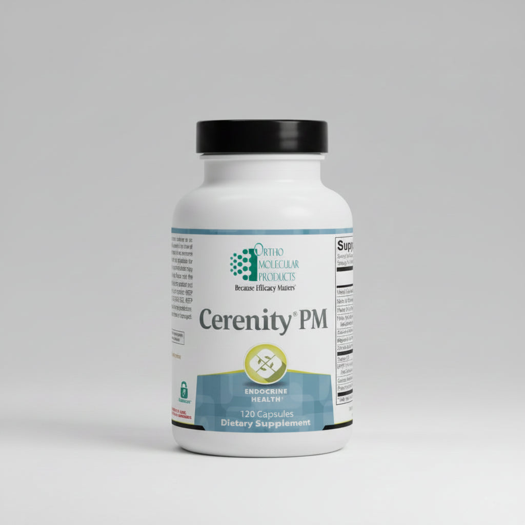 Supplement bottle labeled 'Cerenity PM' by Ortho Molecular Products on a white background