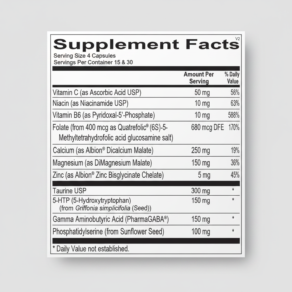 Supplement facts label with various vitamins and minerals listed