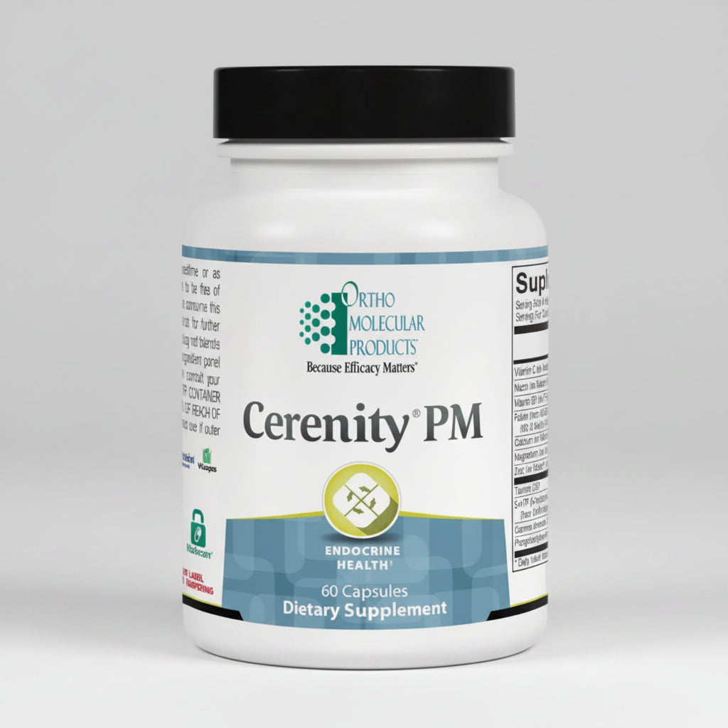 Supplement bottle labeled 'Cerenity PM' by Ortho Molecular Products on a white background