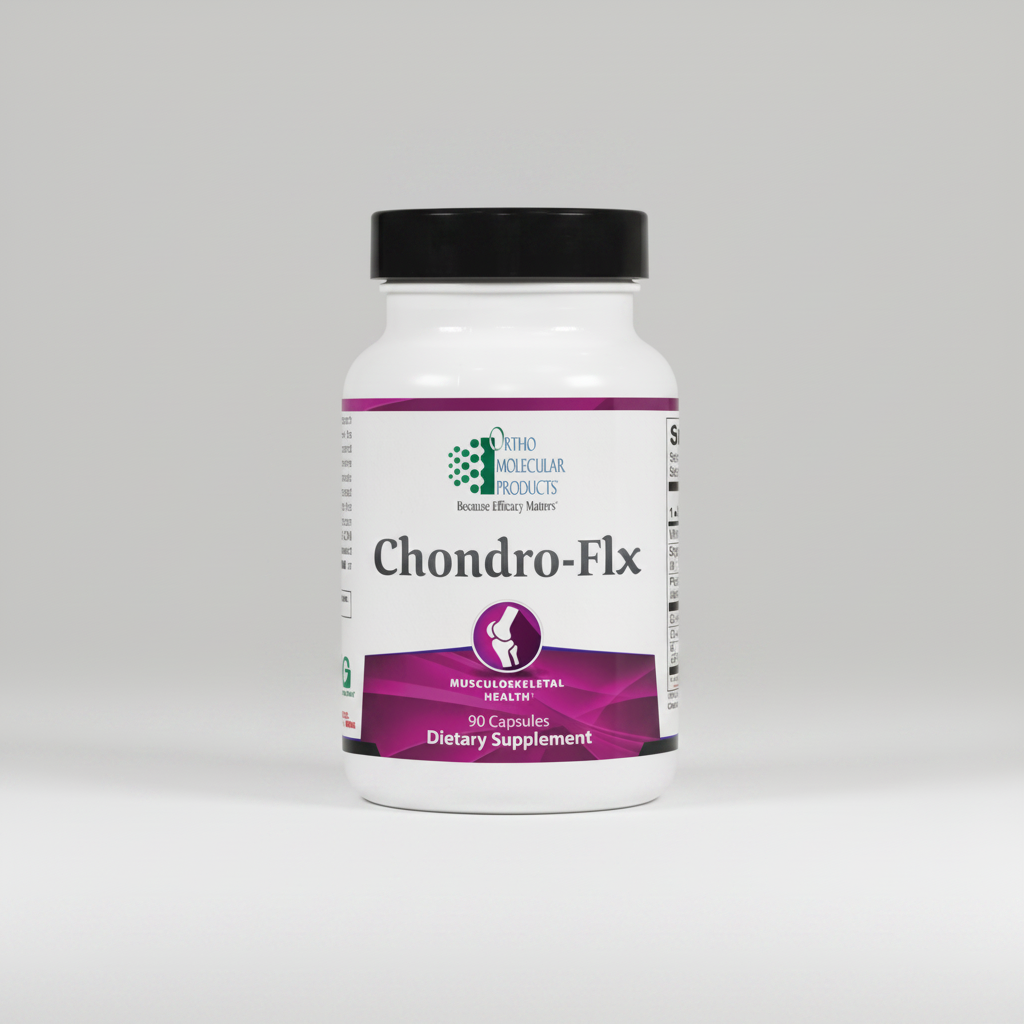 Supplement bottle labeled 'Chondro-Flx' by Ortho Molecular Products on a white background
