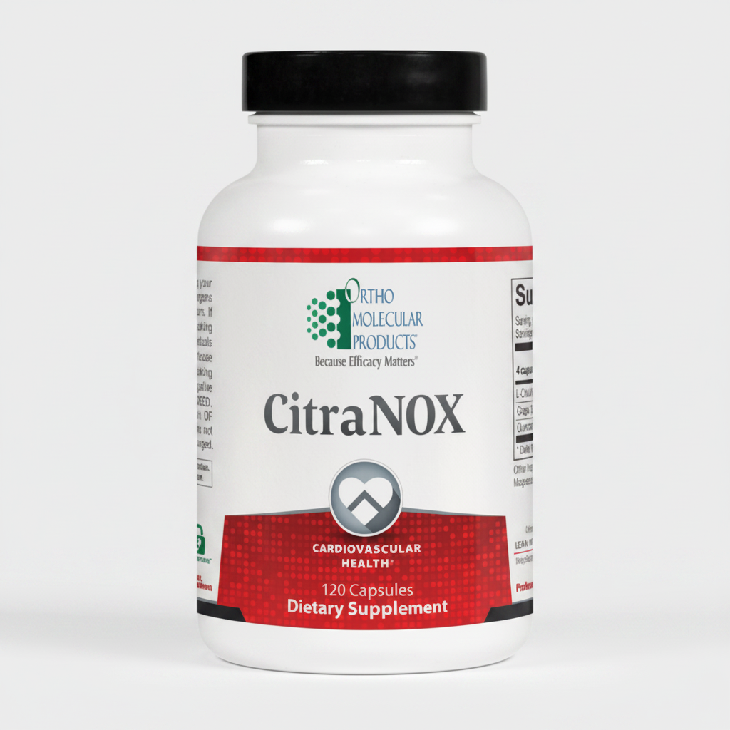 Supplement bottle labeled 'CitraNOX' by Ortho Molecular Products on a white background