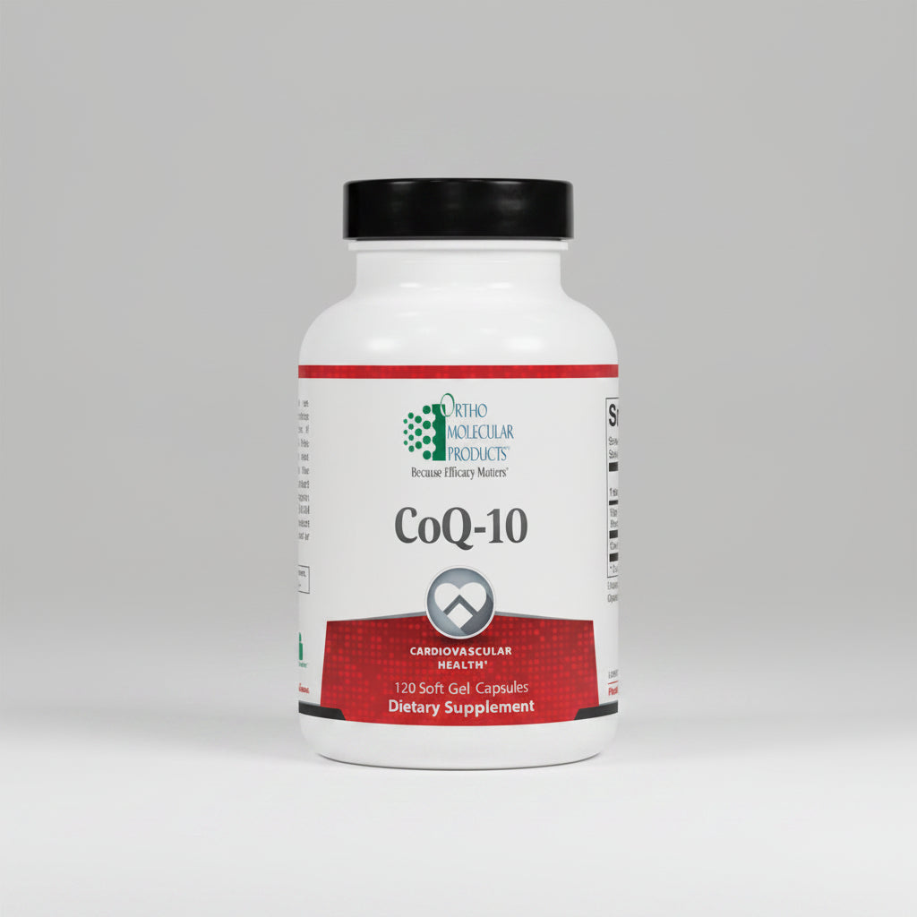 Supplement bottle labeled 'CoQ-10' by Ortho Molecular Products on a white background