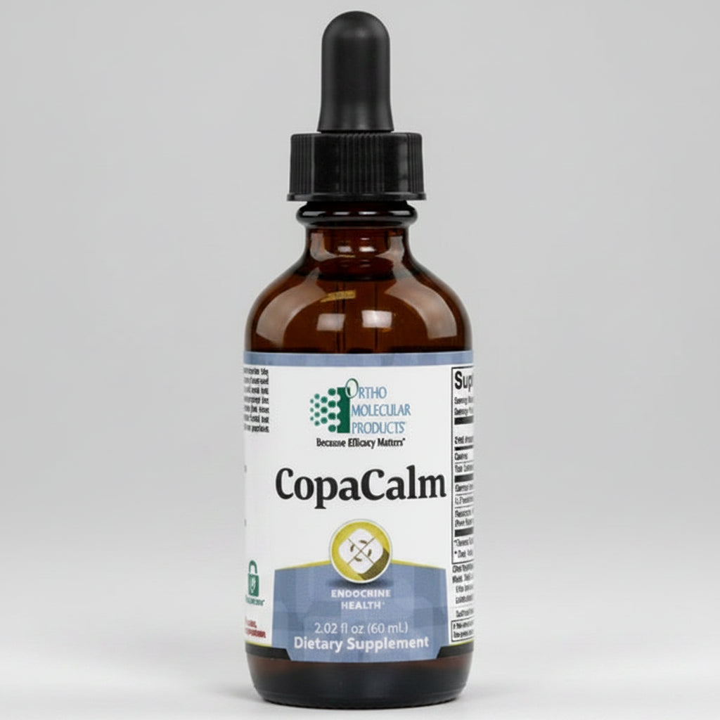 Bottle of CopaCalm dietary supplement with dropper on a white background