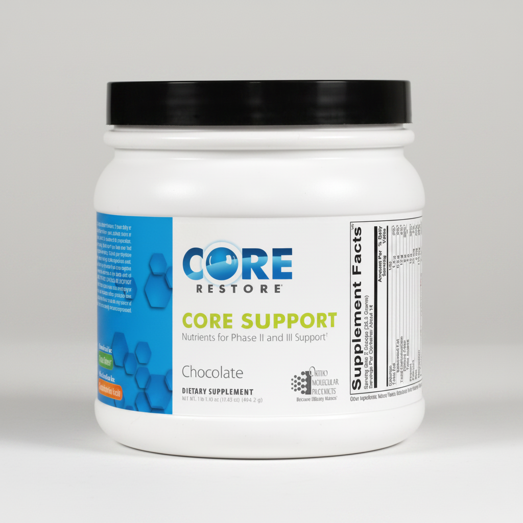 Supplement container labeled 'Core Restore Core Support' on a white background