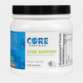 Supplement container labeled 'Core Restore Core Support' with a white label and black lid on a white background.