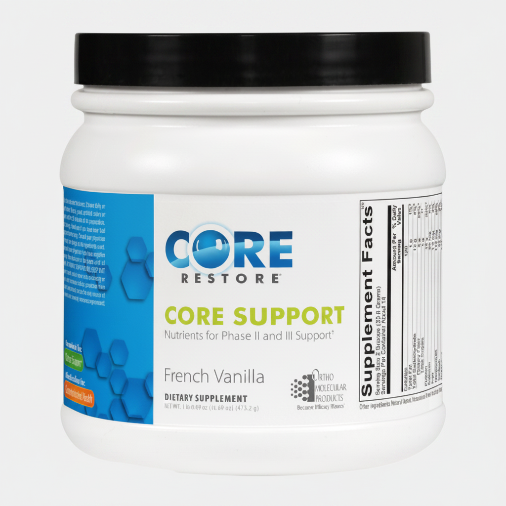 Supplement container labeled 'Core Restore Core Support' with a white label and black lid on a white background.