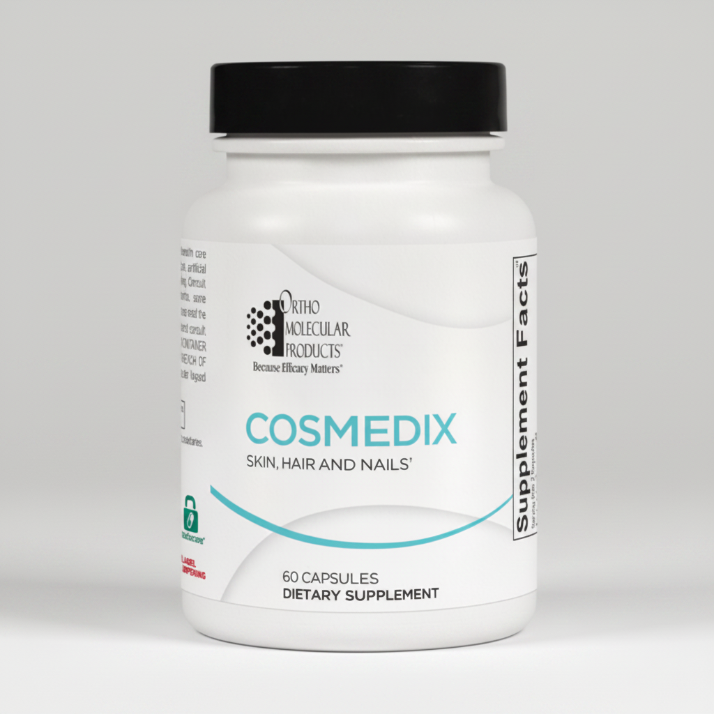 Cosmedix dietary supplement bottle with Ortho Molecular Products branding on a white background