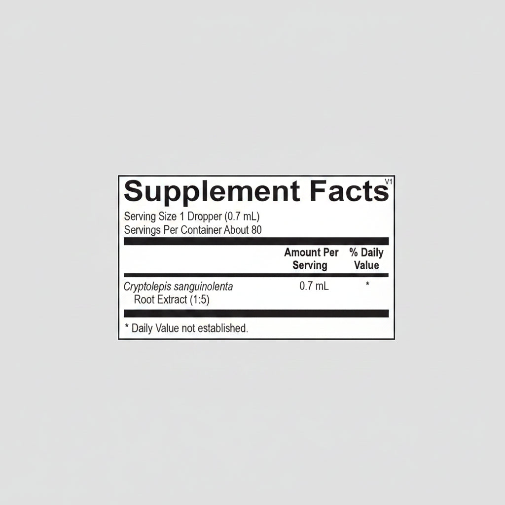 Supplement facts label with cryptolepis sanguinolenta root extract on a white background
