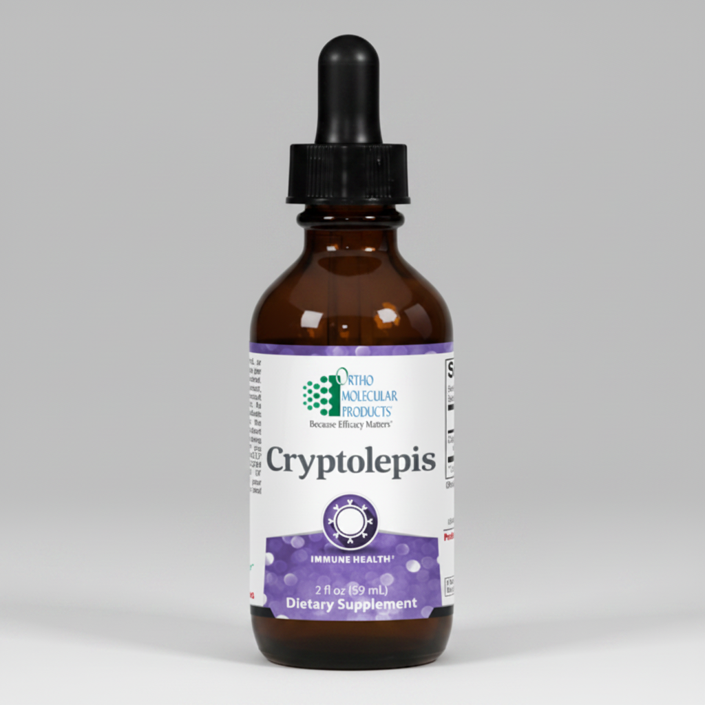 Brown glass bottle with dropper labeled 'Cryptolepis' on a white background