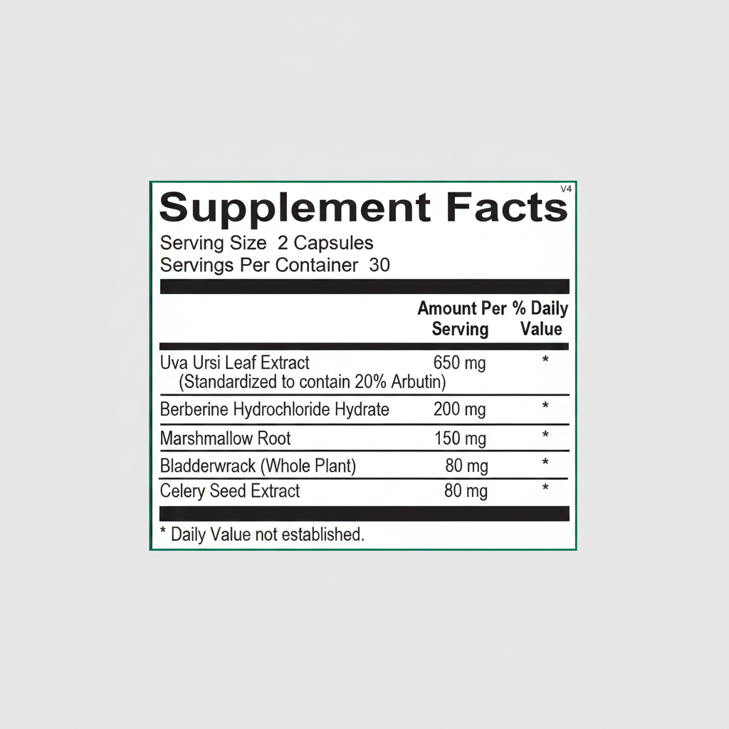 Supplement facts label with Uva Ursi Leaf Extract and other ingredients on a white background