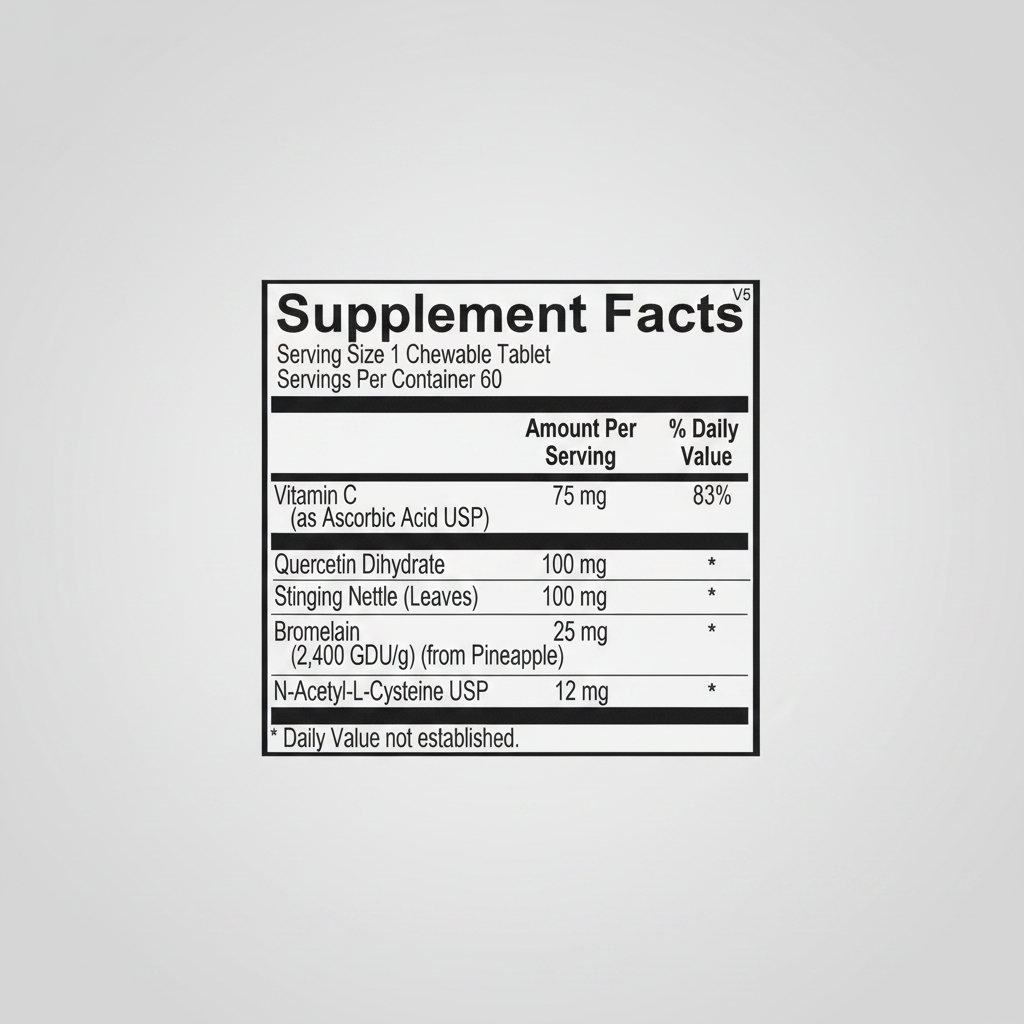 Supplement facts label for a chewable tablet with various ingredients and their amounts per serving.