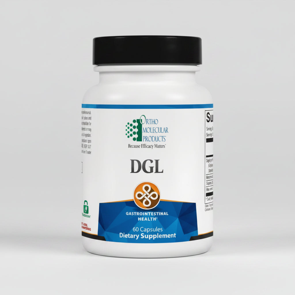 Supplement bottle labeled 'DGL' by Ortho Molecular Products on a white background
