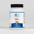 Supplement bottle labeled 'DGL' by Ortho Molecular Products on a white background