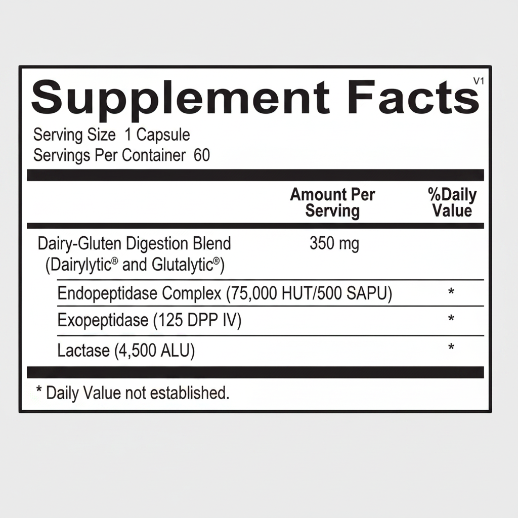Supplement facts label with detailed nutritional information on a black background