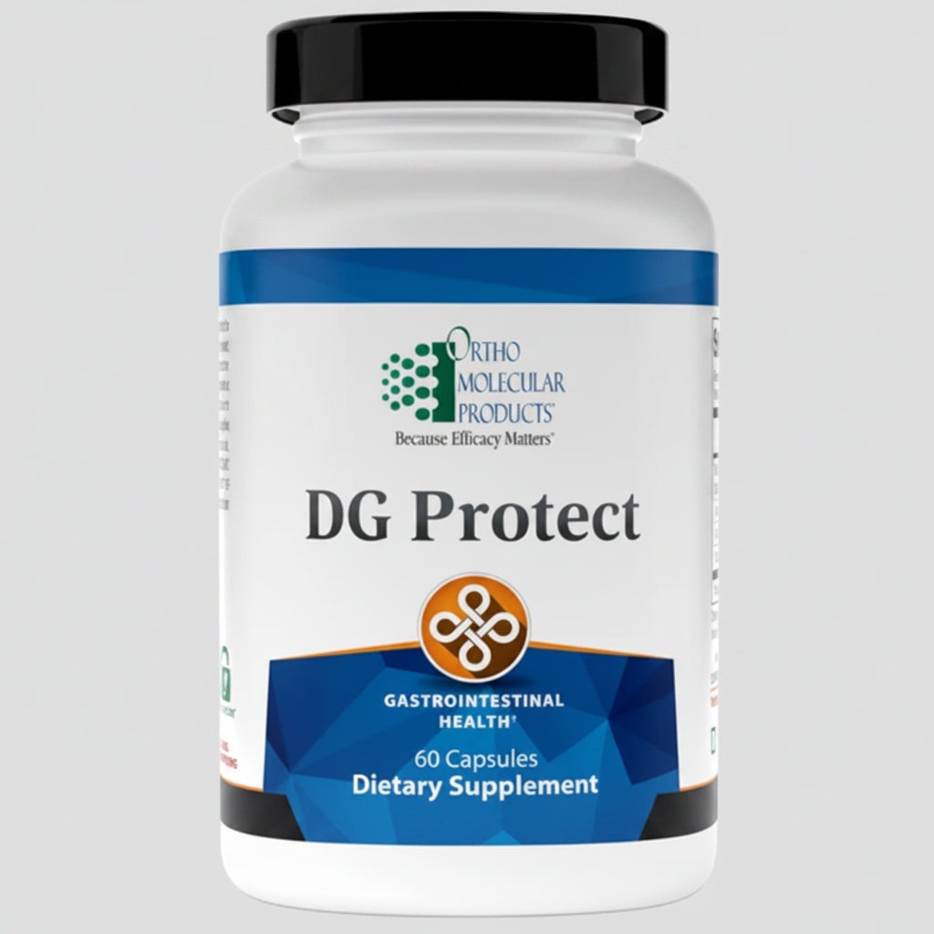 Supplement bottle labeled 'DG Protect' by Ortho Molecular Products on a white background